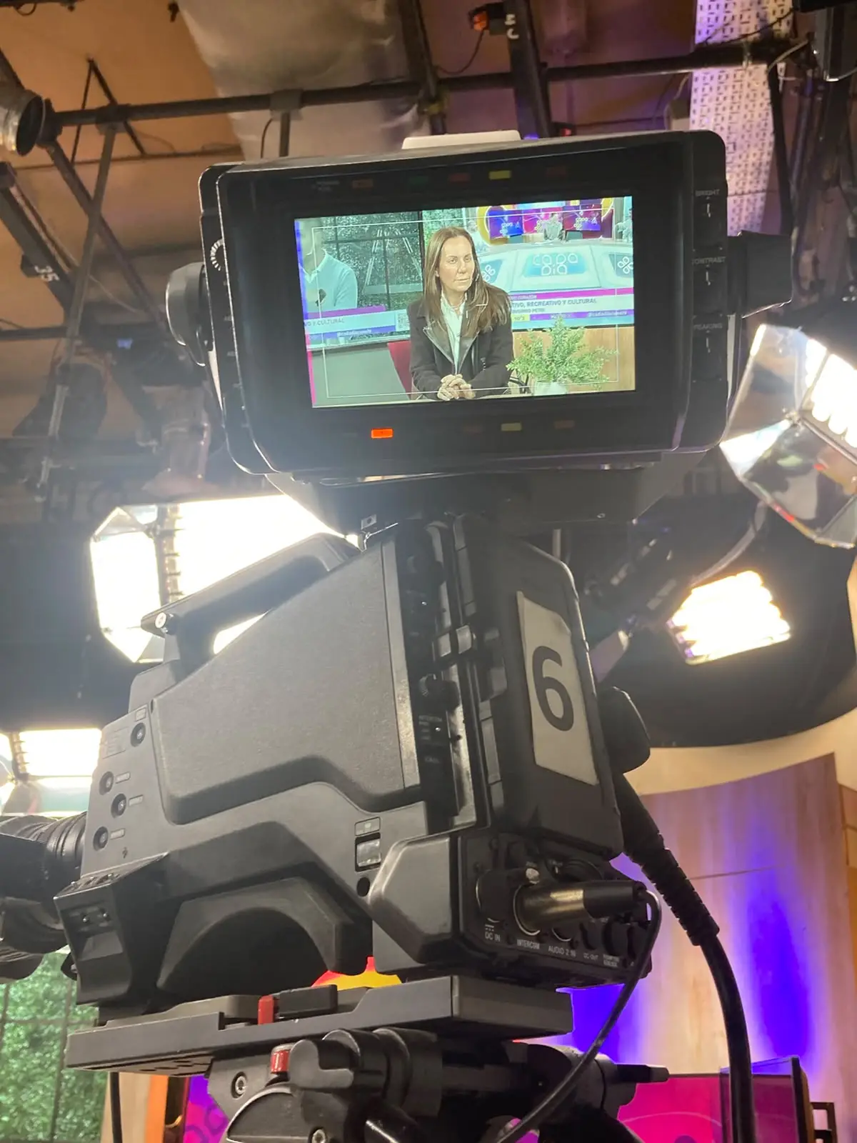 La rectora María Virginia Hernández vista en el monitor de una cámara de estudio, durante la emisión en vivo del programa